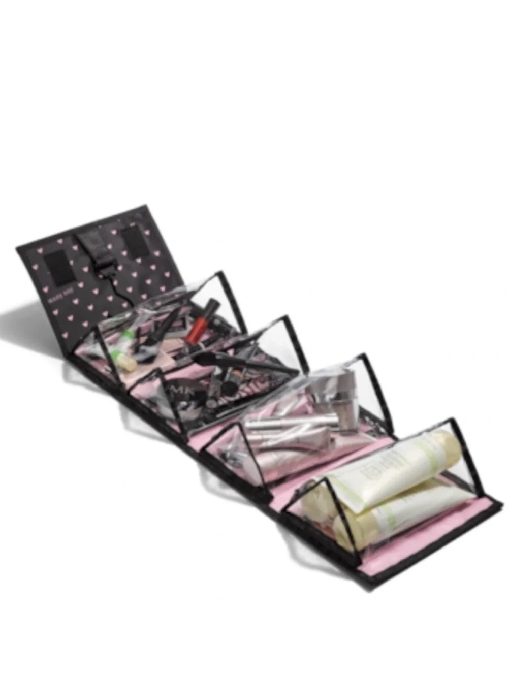 NWT Mary Kay Black Cosmetic Train Case with Pink Heart Pattern